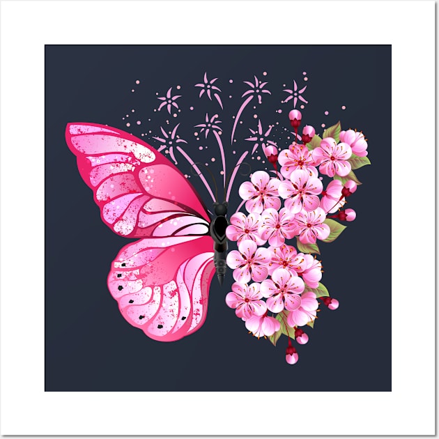 pink butterfly and flowers Wall Art by Drawab Designs